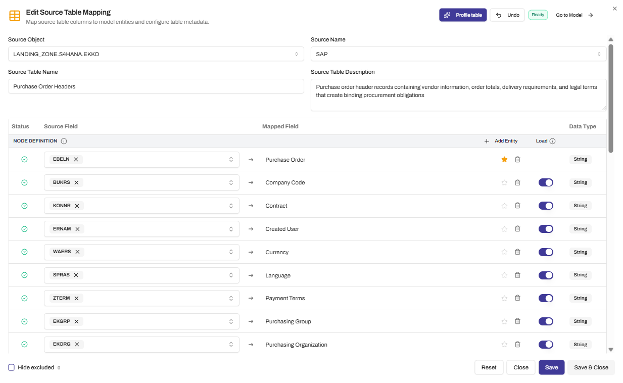 Visual Designer mapping: source data to business data products